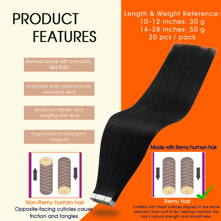 Full Shine Tape in Hair Extensions Human Hair 18Inch Seamless Skin Weft Pu Tape ins Human Hair Extensions Color 1B Off Black Hair Extension Real Huma