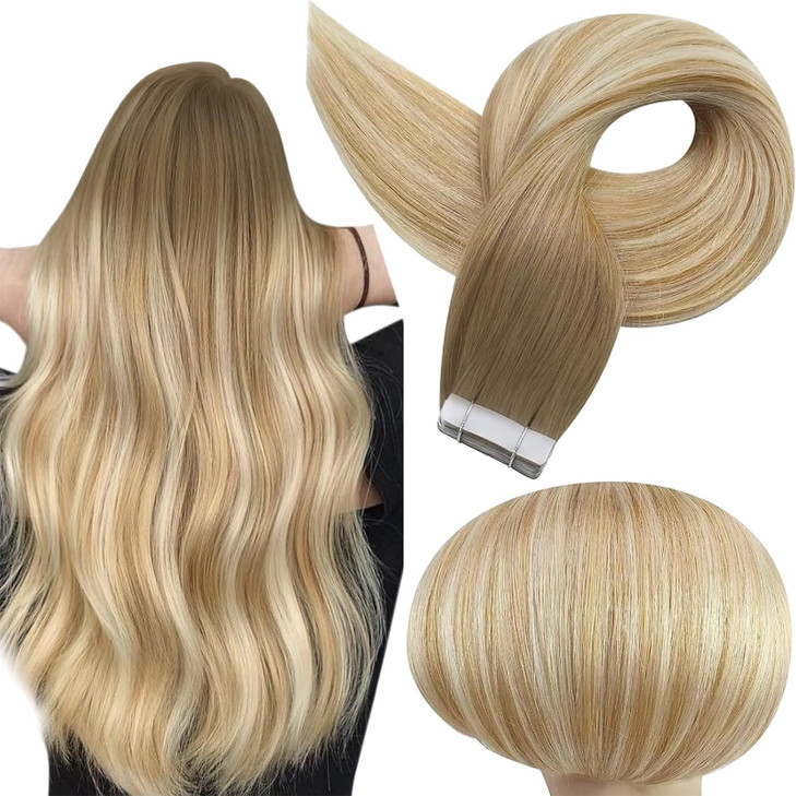 Full Shine Ombre Blonde Tape in Hair Extensions Human Hair 6/27/60 Brown to Honey Blonde 16Inch Tape in Extensions Balayage Invisible Seamless Human