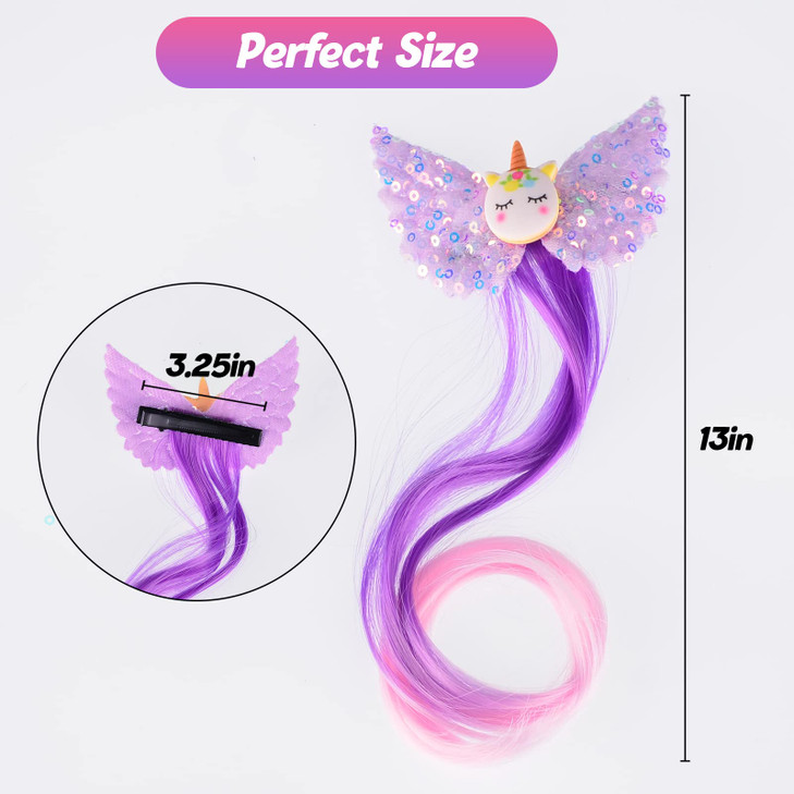 Little World Hair Clips for Girls - 6 Pcs Curly Clip in Hair Extensions with Cute Unicorn Bow - 13in Gradient Color Hair Clips for Girls Clip On for