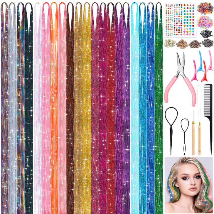 20 Colors Fairy Hair Tinsel Kit 4000 Glitter Strands 48Inch Heat Resistant Tinsel Hair Extensions Sparkling Shiny Highlights Hairs Tinsels with Tools