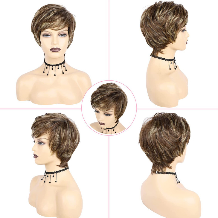 TISHINING Pixie Cut Brown Short Hair Wigs for White Women with Bangs Brown Mixed Blonde Highlights Layered Natural Looking Synthetic Hair Replacement