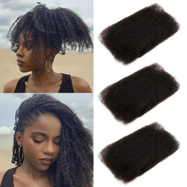 FASHION IDOL Afro Kinkys Bulk Human Hair for Dreadlock Extensions Loc Repair Braiding Twist Tight Afro Kinky Human Hair for Loc 3 Packs 150 Gram Natu