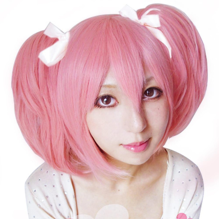 ANOGOL Hair Cap+ Madoka Magica Cosplay Wig for Women Pink Pigtails Wig Short Cute Lolita Wigs with Double Ponytails Sweet and Lovely Synthetic Hair f