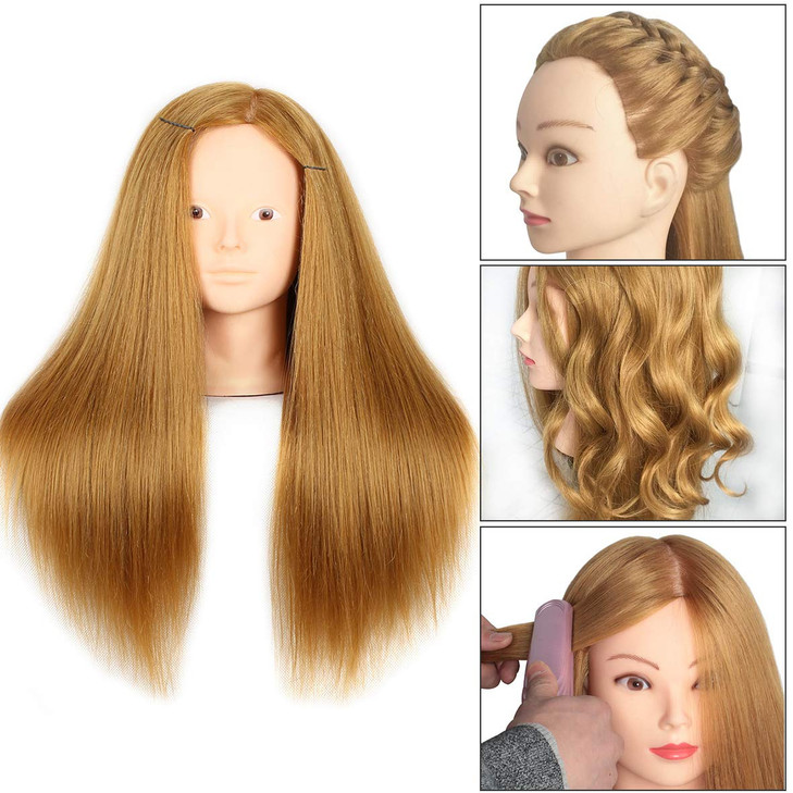 Mannequin Head With Human Hair 22-24 Inch Blonde 60% Real Hair Cosmetology Manicans Head for Practicing Braiding Styling Cutting Doll Head with Clamp
