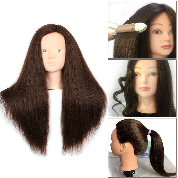 Mannequin Head with Human Hair 22-24 Inch Cosmetology Manikin Doll Head with 60% Brown Real Hair for Hairstylists Cosmetology Students Practice Styli
