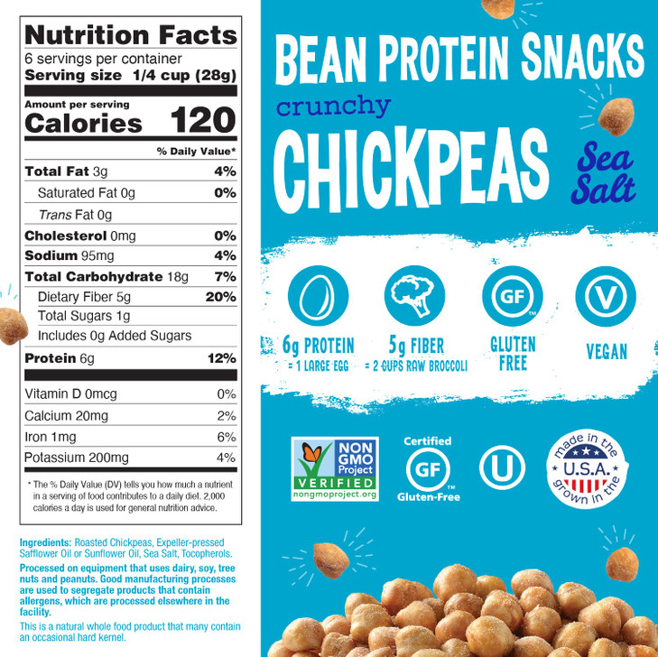 The Good Bean Crunchy Chickpeas - Sea Salt - (6 Pack) 6 oz Resealable Bag - Roasted Chickpea Beans - Vegan Snack with Good Source of Plant Protein an
