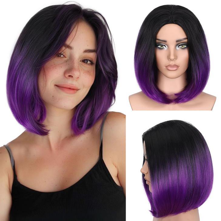 HANNE Ombre Purple Bob Wig Short Straight Bob Wig Heat Resistant Synthetic Hair Wigs for Black Women Halloween Rumi Cosplay Wigs (Black to Purple)