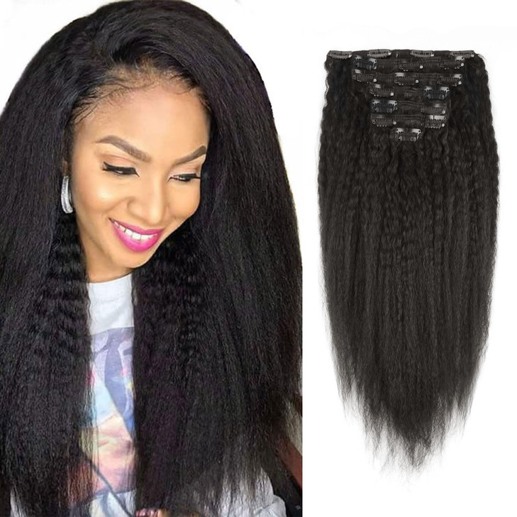 Sassina Clip in Human Hair Extensions Brazilian Virgin Hair Italian Coarse Kinky Yaky Straight Double Wefts Clip ins Hair Extensions for Black Women