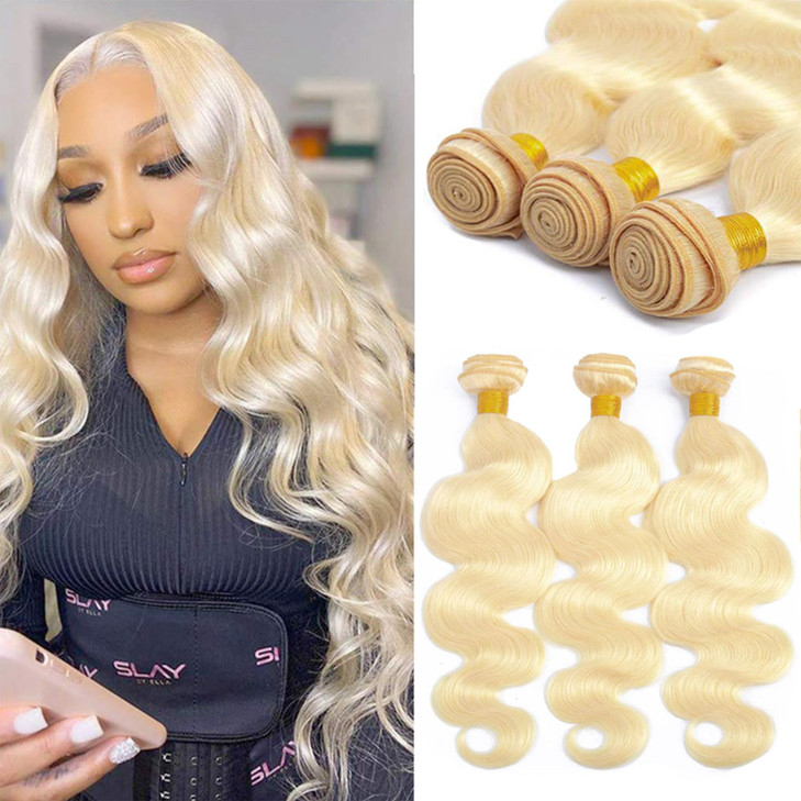 613 Blonde Body Wave Bundles Human Hair 10" 12" 14" 300g 100% Unprocessed Brazilian Virgin Hair 12A Grade Blonde Body Wave Human Hair 3 Bundles 613 B