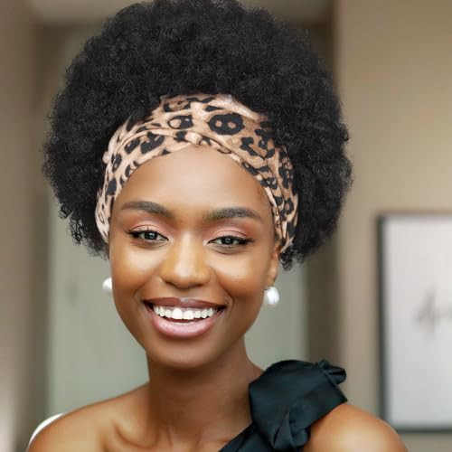 WIGER Short Afro Curly Wig Afro Puff Headband Wig Brazilian Virgin Human Hair Wigs Afro Kinky Curly Wigs for Black Women (Black)