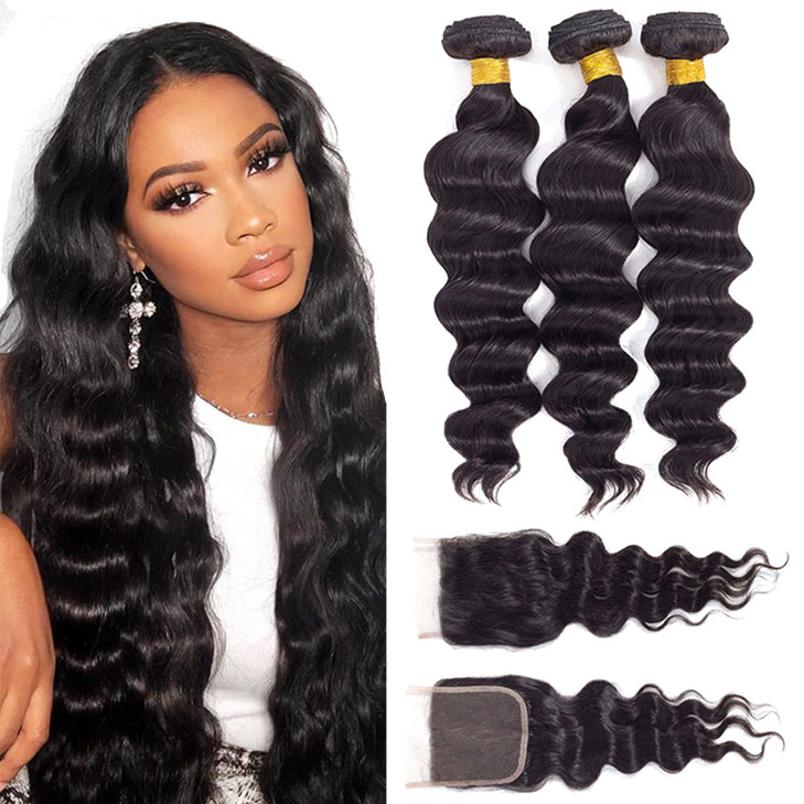 12A Loose Wave Bundles with Closure Human Hair (18 20 22+16") 100% Real Human Hair 3X Longer Lifespan 100% Unprocessed Brazilian Loose Deep Wave Huma