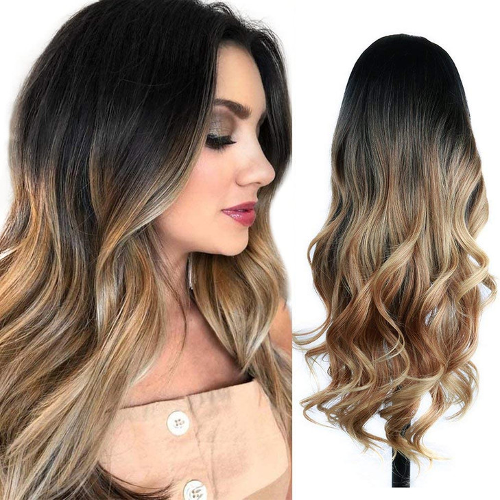 Quantum Love Ombre Wigs Black to Light Brown Side Part Long Wavy Wig Heat Resistant Synthetic Daily Party Wig for Women (Ombre Black to Light Brown)