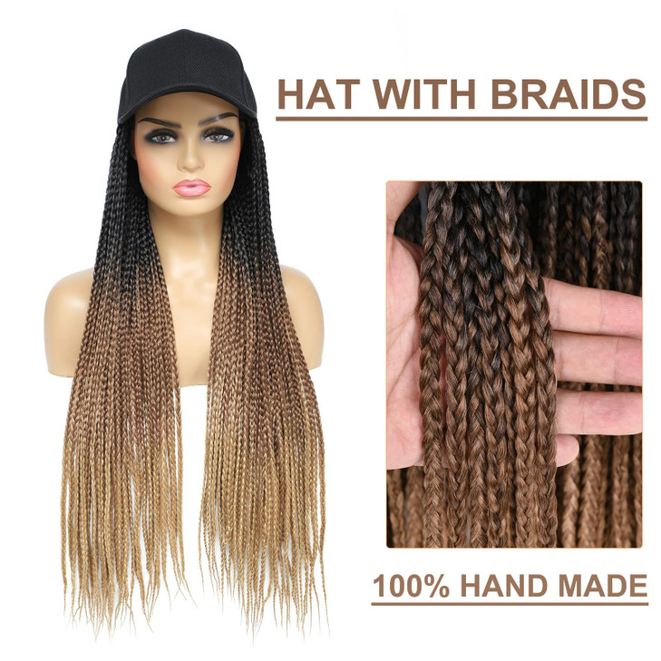 Yunkang Hat Wig for Women Baseball Cap with Braided Hair Attached 24inch long Synthetic Ombre Box Braid Wig Hat Adjustable Cap with black brown light