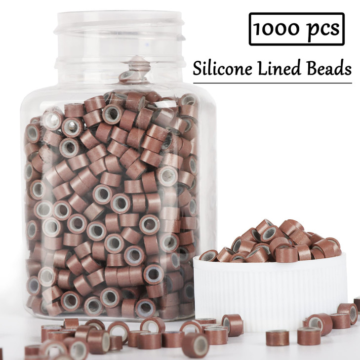 NIACONN 1000pcs 5 mm Tinsel Hair Extensions Beads, Silicone Lined Ring Micro Link I-tip Beads for Hair Extension - Brown