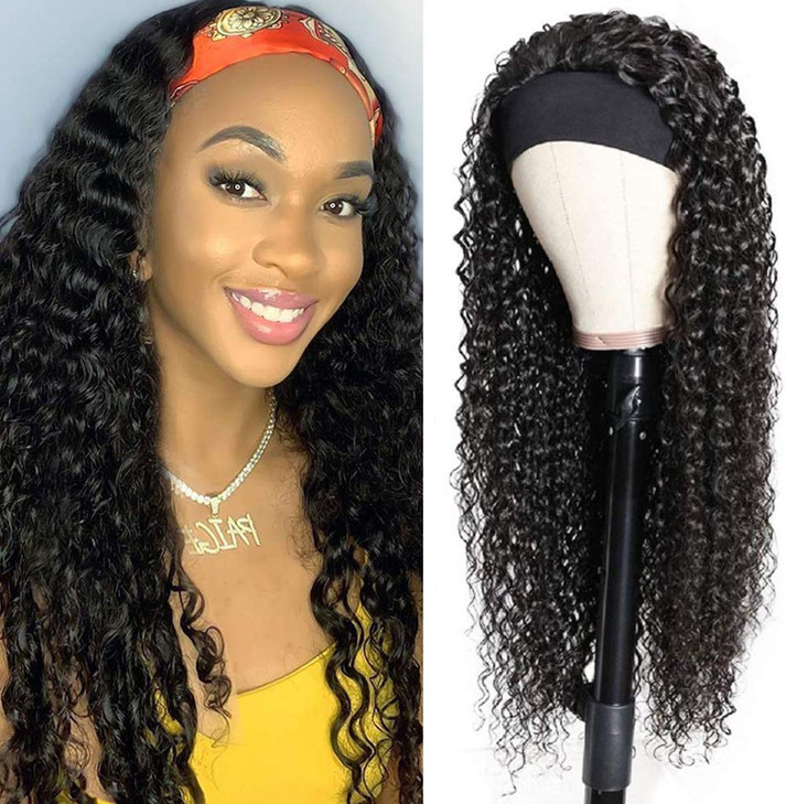 XSY Headband Wig Human Hair 18 Inch Deep Wave Human Hair Headband Wigs for Black Women Glueless Curly Headband Wig 150% Density Natural Color