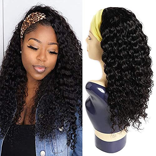 XSY Headband Wig Deep Wave Human Hair Wigs 14 Inch Curly Headband Wigs for Black Women Glueless None Lace Front Wig Machine Made Wigs Natural Color