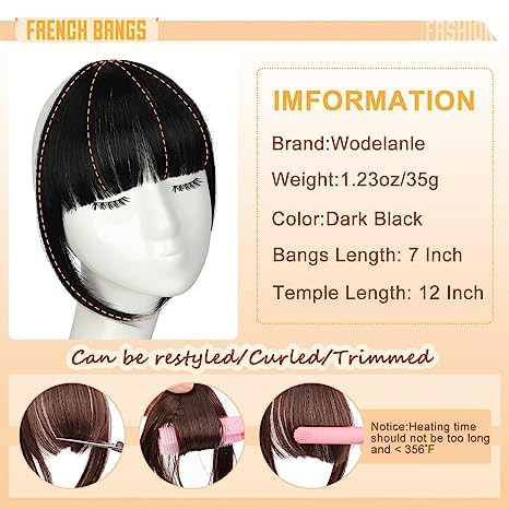 Wodelanle Bangs Hair Clip in Bangs, Clip on Bangs Black Fake Bangs, Easy to Use Faux Bangs Clip in Hair Extensions, French Bangs Fringe with Temples