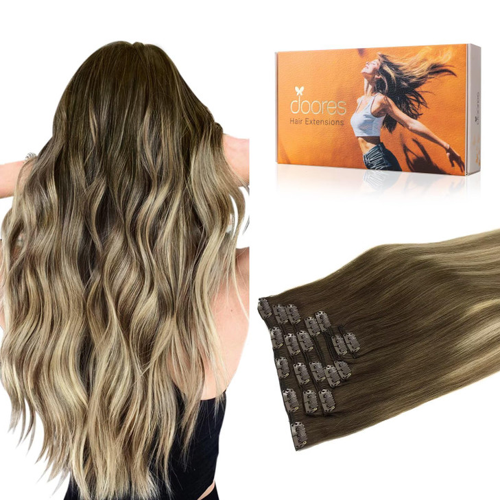 Hair Extensions Real Human Hair, DOORES Balayage Walnut Brown to Ash Brown and Bleach Blonde 120g 7pcs 18 Inch Remy Hair Extensions Clip in Human Hai