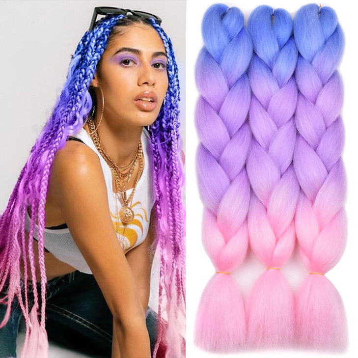 BACANA Pink Ombre Braiding Hair Extensions 3Pcs Jumbo Braiding Hair for Box Braids 24inch Blue/Purple/Pink
