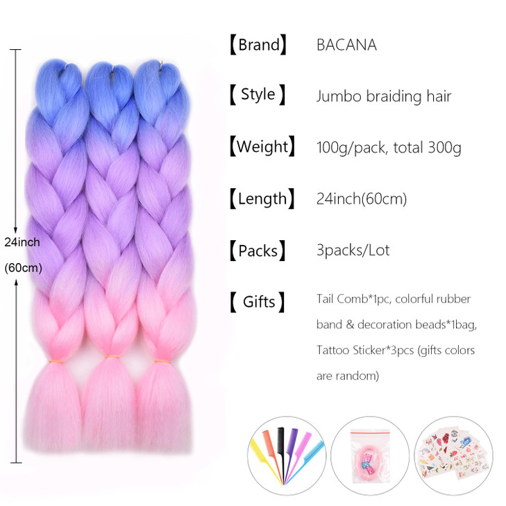 BACANA Pink Ombre Braiding Hair Extensions 3Pcs Jumbo Braiding Hair for Box Braids 24inch Blue/Purple/Pink