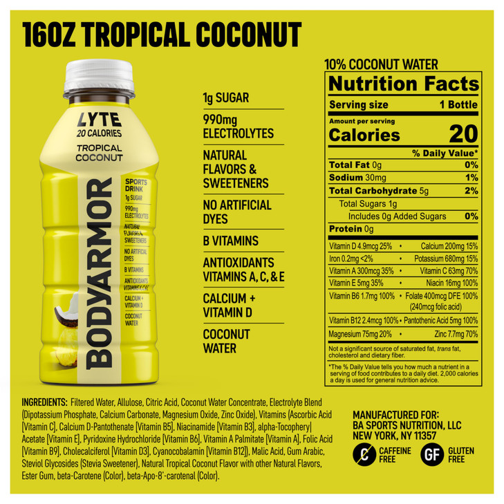 BODYARMOR LYTE, Tropical Coconut, Electrolyte Drink, 20 Calories, 16 Fl Oz Bottles (12 Pack), Coconut Water Sports Drink, Natural Flavor & B Vitamins