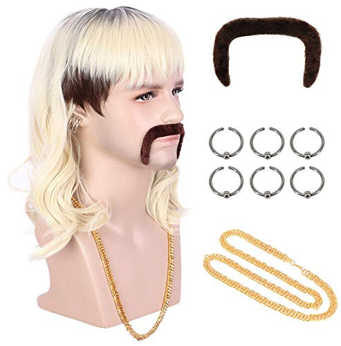 karlery Adult 70s 80s Rocker Mullet Long Wave Beige Blonde Dark Root Mutsache Wig with 6 Earrings and Golden Necklace Halloween Costume Cosplay Wig