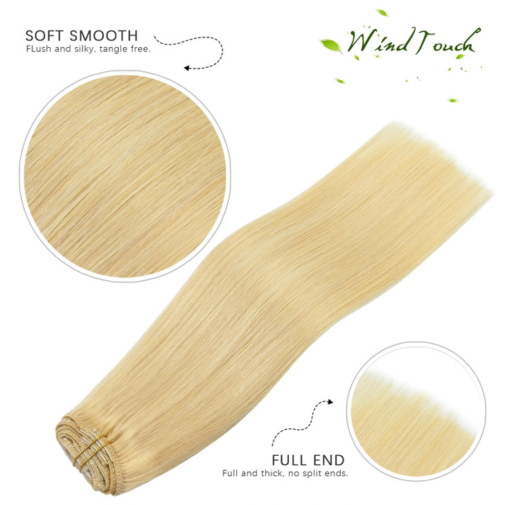 WindTouch Clip In Hair Extensions Real Human Hair Bleached Blonde Hair Extensions Natural 18Inch 75g #613 7PCS