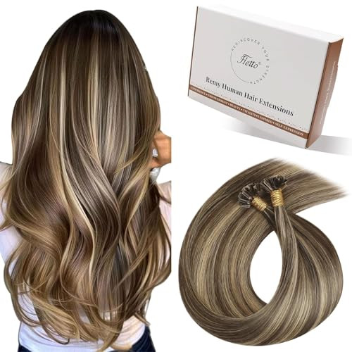 Hetto K Tip Hair Extensions Real Human Hair Dark Brown Highlights Caramel Blonde Ktip Huamn Hair Extensions Pre Bonded U Tip Hair Extension Straight