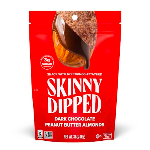 SkinnyDipped Dark Chocolate Peanut Butter Almonds, Healthy Snack, Plant Protein, Gluten Free, 3.5 oz Resealable Bags, Pack of 1