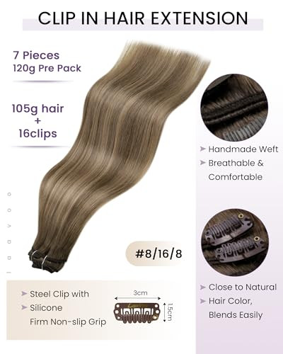 LaaVoo Clip in Hair Extensions Real Human Hair Brown Human Hair Clip in Extensions Light Brown To Golden Blonde Balayage Hair Extension Clip ins Full