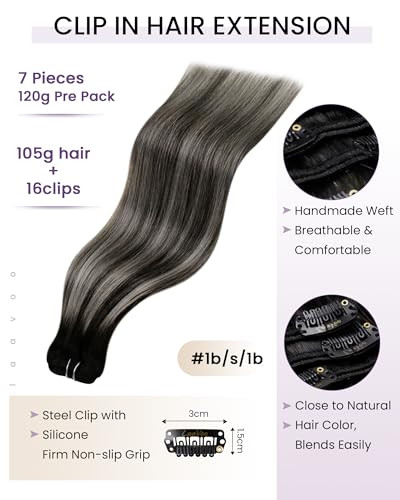 LaaVoo Clip in Hair Extensions Black Balayage Grey Silver Clip in Hair Extensions Real Human Hair Ombre Human Hair Clip ins Extension 14 Inch 7pcs/12