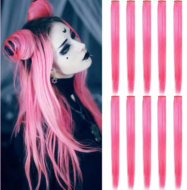 FAIRY COLOR 12 PCS Clip in Hair Extensions, 20 Inch Colored Hair Extensions Party Highlights Long Straight Synthetic Hairpieces for Women (Hot Pink)