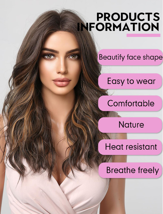 HAIRCUBE Long Dark Brown with Highlights Wigs for Women Synthetic Curly Wavy Hair Wig for Daily