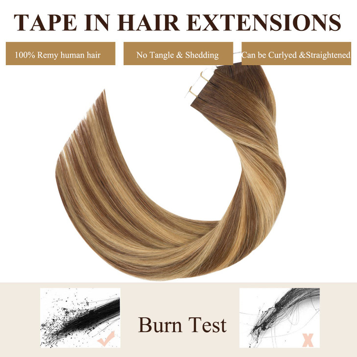 Loxxy Tape in Hair Extensions Human Hair Invisible Brazilian Natural Ombre Chocalate Brown Fading to Strawberry Blonde Highlight Hair Extensions Tape