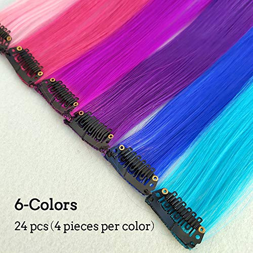 KGBFASS 24 Packs Colored Clip in Hair Extensions 20inch Colorful Straight Hair Extensions Clip in Multi-Colors Party Highlights Hairpieces(Pink,Purpl