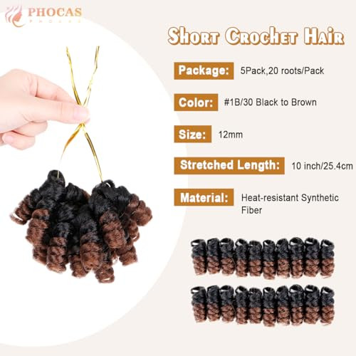 PHOCAS HairPhocas 5 Packs Synthetic Saiany Curly Crochet Hair 10 inch 20roots/pack for Crochet Braids Hair(Black to Brown)