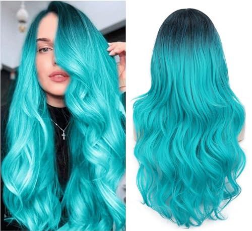 FAVE Ombre Bluish Green Wig Long Wavy Side Part Wigs Heat Resistant Synthetic Hair Teal Blue Mermaid Wigs for Women Teal Wig for Daily & Party Use(Om