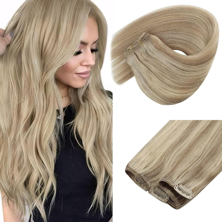 Sunny Hair Clip in Hair Extensions Real Human Hair 85g Remy Hair Clip in Extensions for Women Human Hair Extensions Dark Golden Blonde Highlights Lig
