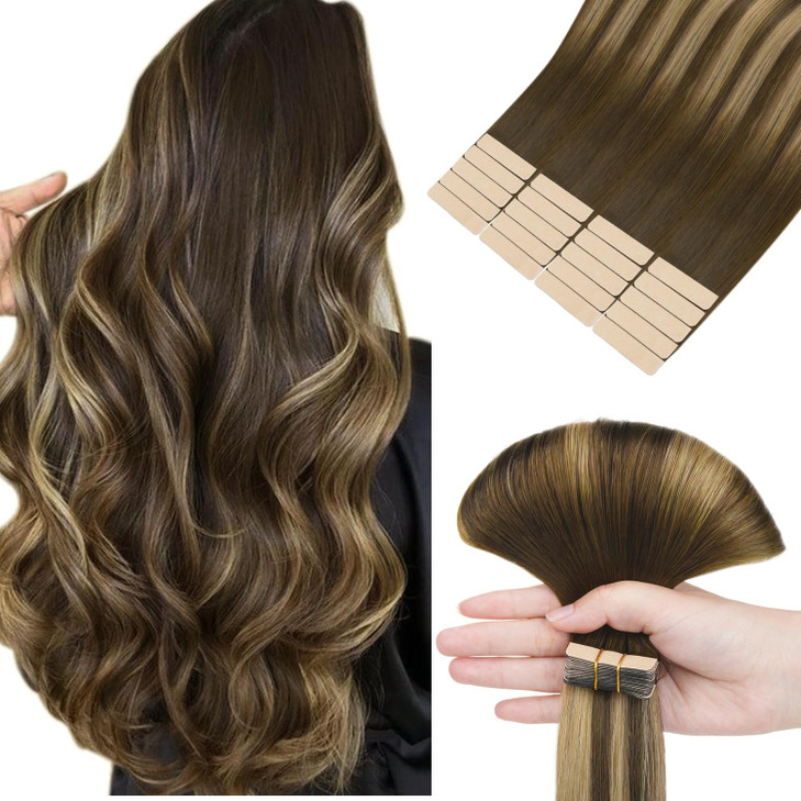 HOTBANANA Tape in Hair Extensions, 16 Inch 20pcs 50g Balayage Chocolate Brown Mixed Caramel Blonde Tape in Real Remy Human Hair Extensions Straight