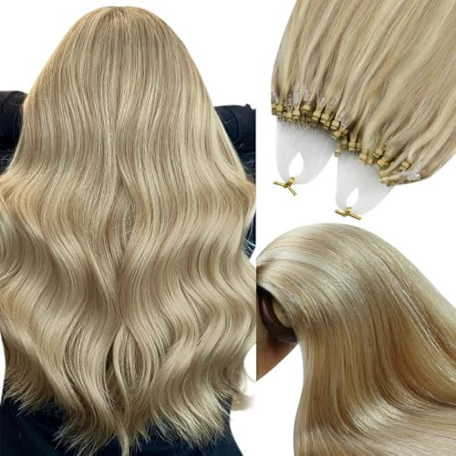 YoungSee Micro Bead Hair Extensions Real Human Hair Blonde Microlink Hair Extensions Highlight Ash Blonde with Medium Blond Bead Hair Extension 14In