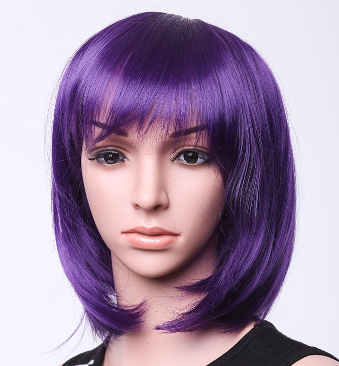 SWACC 11 Women Short Straight Synthetic Bob Wig Candy color Cosplay Wig Anime Costume hairpiece for Party with Wig Cap (Purple-01)