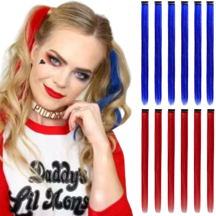 Colored Hair Extensions Clip In, 12 Pieces, 6 Red + 6 Blue