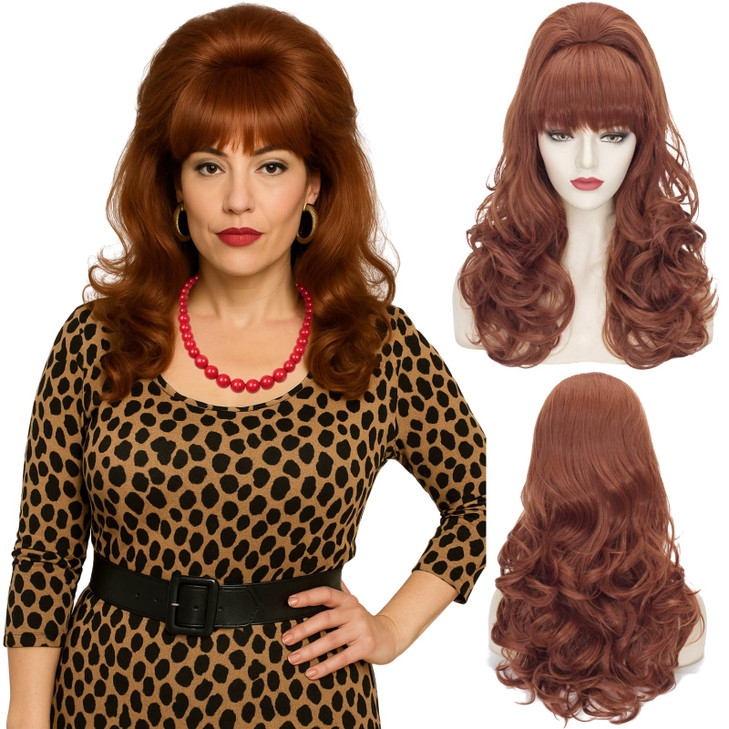 Wiggy Mermaid Brown Beehive Wigs for Women, Auburn Vintage Bouffant Wig, Long Copper Curly Victorian Fembot Wig 50s 60s 70s for Women for Halloween C