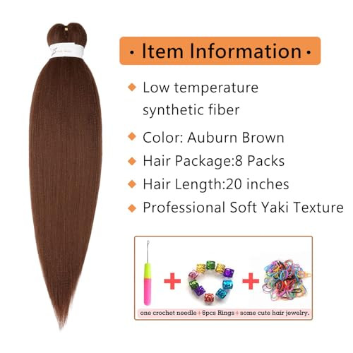 Ubeleco Brown Braiding Hair Pre Stretched 20 Inch 8 Packs Color 30 Braiding Hair Auburn Soft Yaki Texture, No Itch, Hot Water Setting Synthetic Hair