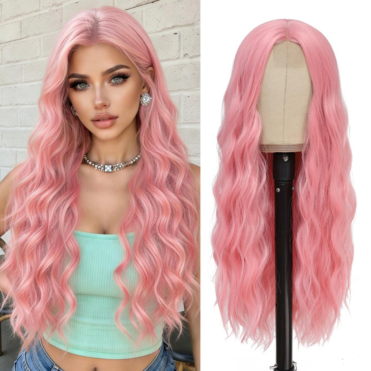 YBYMCAI Pink Wig - Long Pink Wavy Wigs for Women Middle Part Pastel Pink 26 inch Natural Curly Synthetic Wig Heat Resistant Fiber Wigs for Daily Part