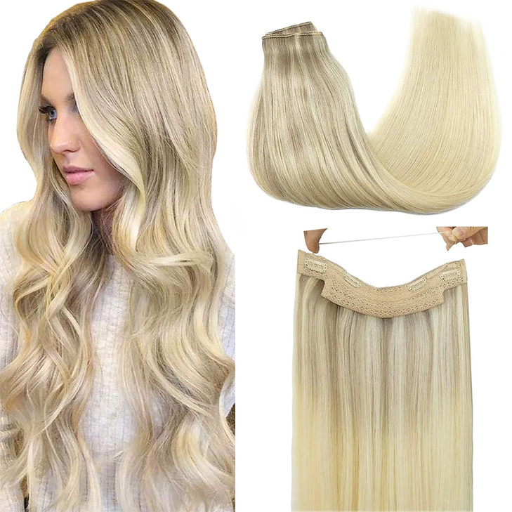 GOO GOO Wire Hair Extensions Human Hair, 17/22/60 Ash Blonde with Golden Blonde and Platinum Blonde Balayage 14inch 75g, Invisible Wire Hair Extensio