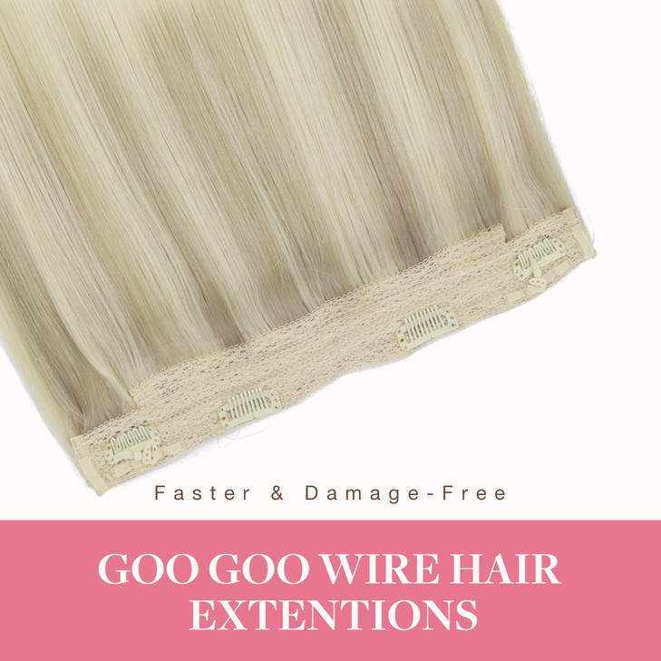 GOO GOO Wire Hair Extensions Human Hair, 17/22/60 Ash Blonde with Golden Blonde and Platinum Blonde Balayage 14inch 75g, Invisible Wire Hair Extensio