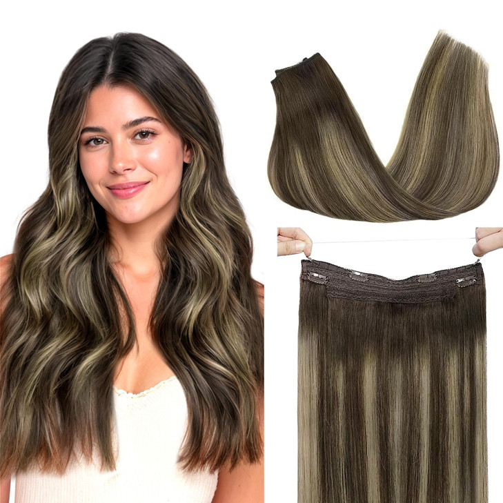 GOO GOO Wire Hair Extensions Human Hair, 4/26/4 Chocolate Brown with Honey Blonde Balayage 18inch 95g, Invisible Wire Hair Extensions with Transparen
