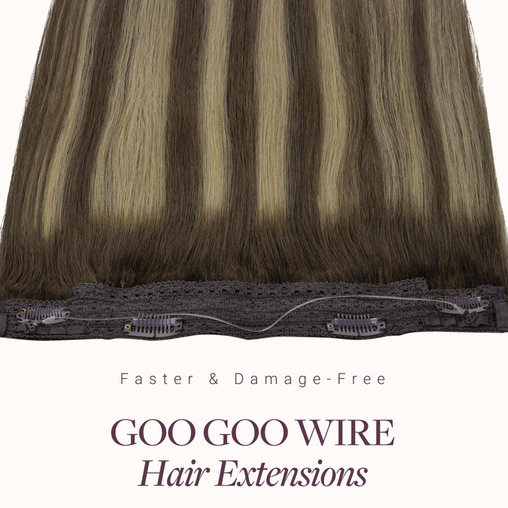 GOO GOO Wire Hair Extensions Human Hair, 4/26/4 Chocolate Brown with Honey Blonde Balayage 18inch 95g, Invisible Wire Hair Extensions with Transparen