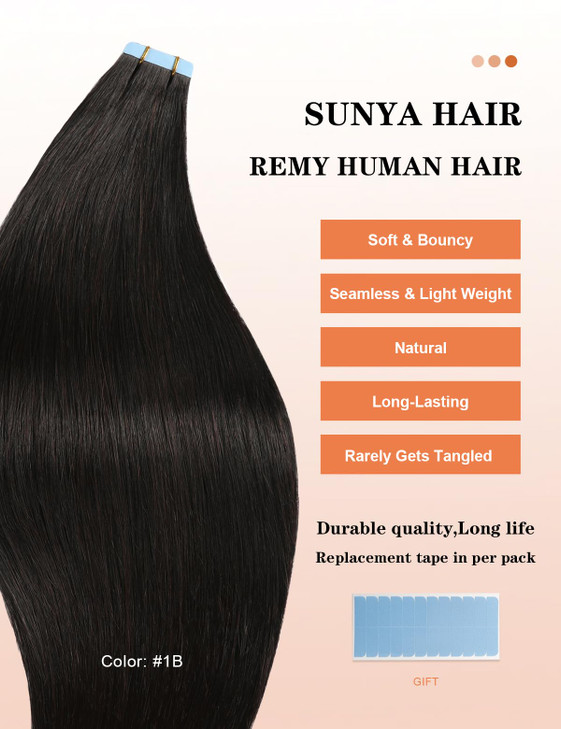 Sunya Tape in Hair Extensions Human Hair 20 Inch Straight Remy Human Hair Tape in Extensions Seamless Skin Weft Natural Black Tape in Hair Extensions